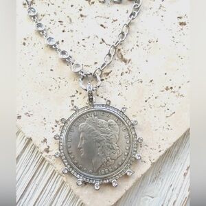 Long coin necklace with crystals